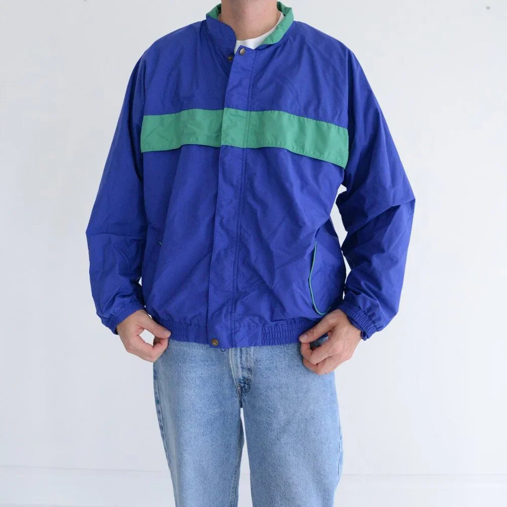 Vintage 90S Tourney Blue And Green Lightweight Nautical Zip Up Nylon Jacket L